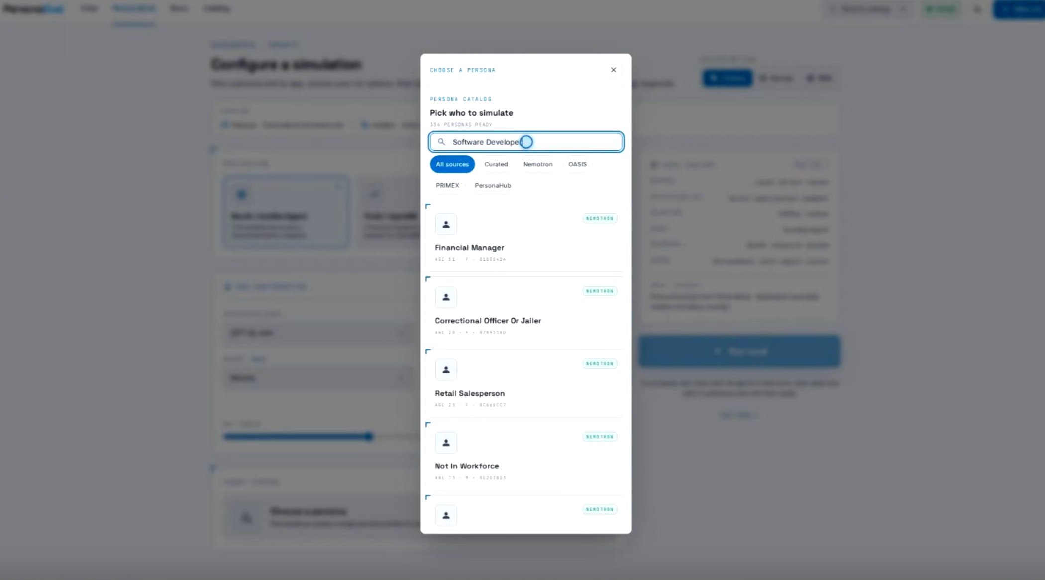 Persona catalog modal showing searchable user profiles to simulate.