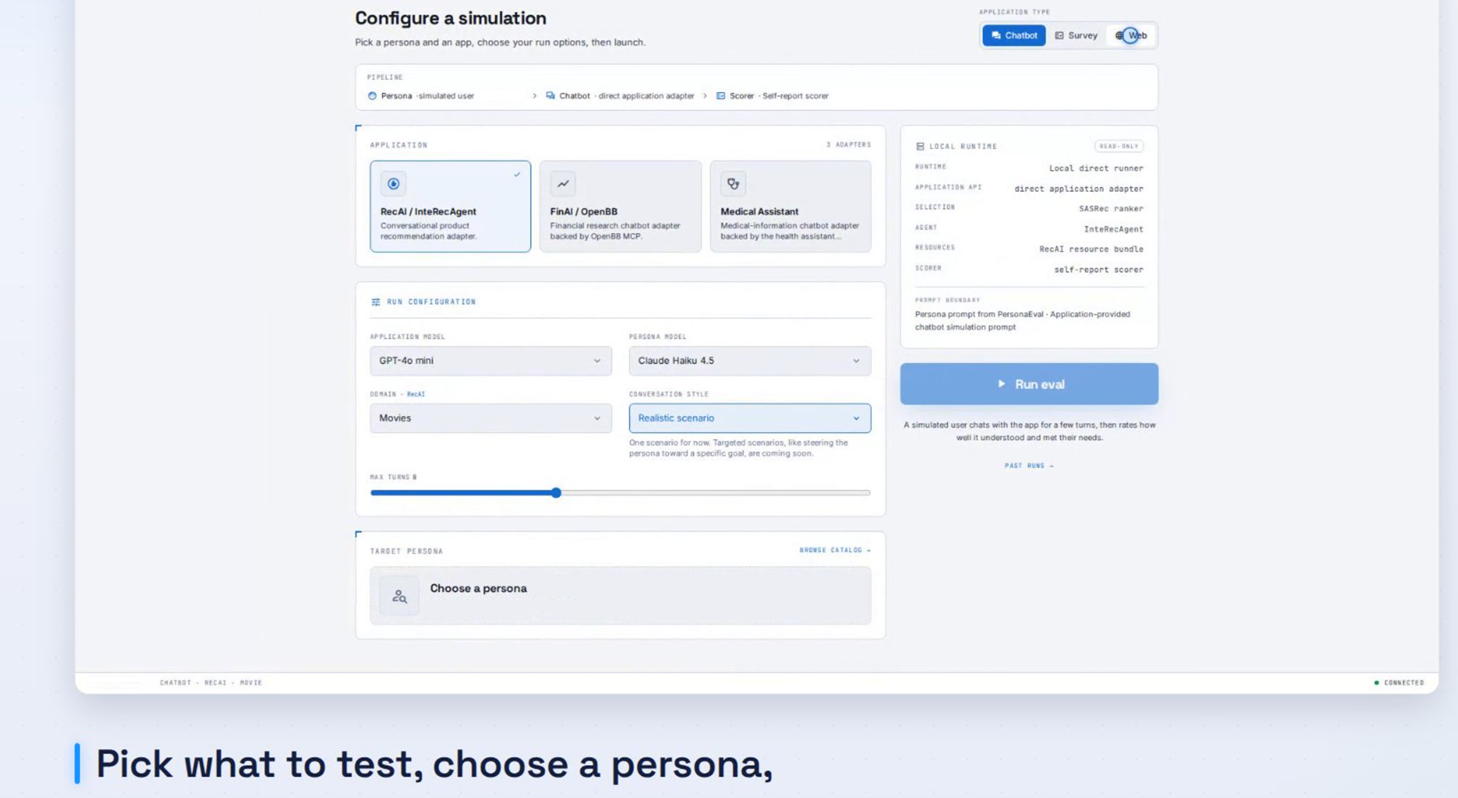 Simulation configuration screen for selecting the application, evaluation settings, and persona model.