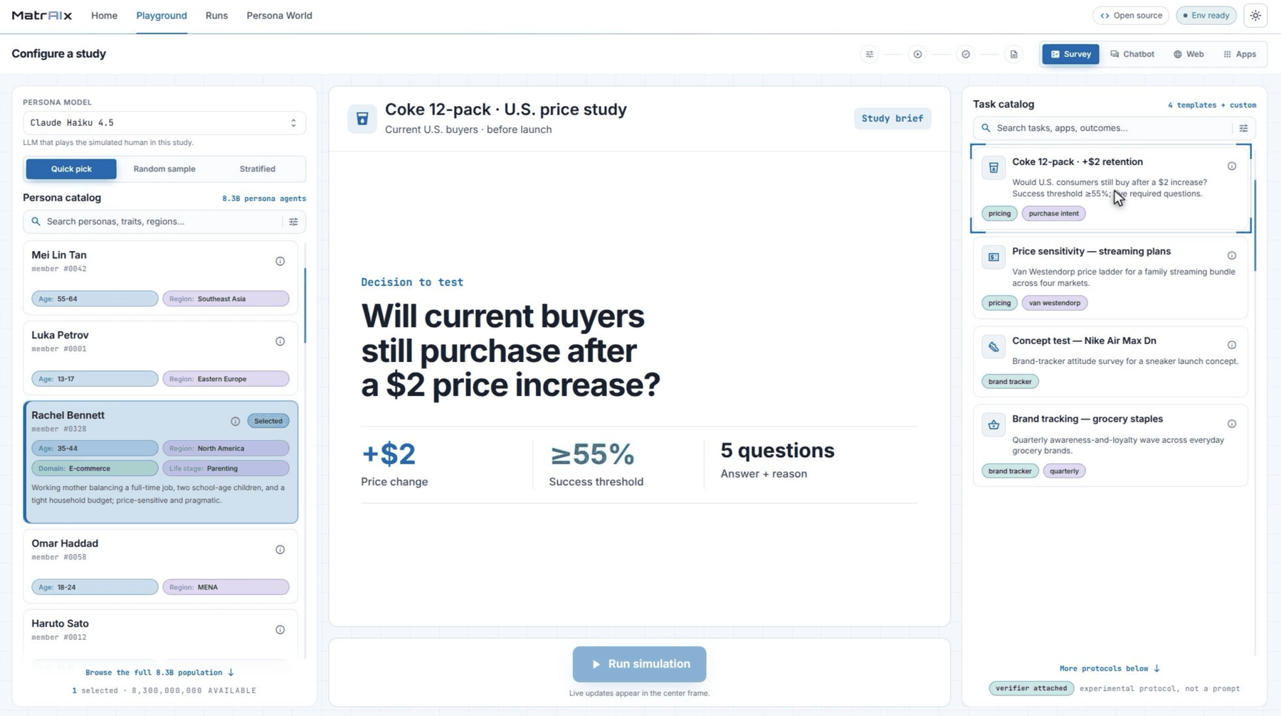 The Playground study setup screen: a persona catalog on the left, the price study question in the center, and a task catalog on the right