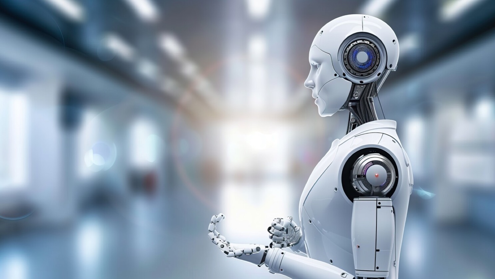 A white humanoid robot in profile, standing in a bright interior