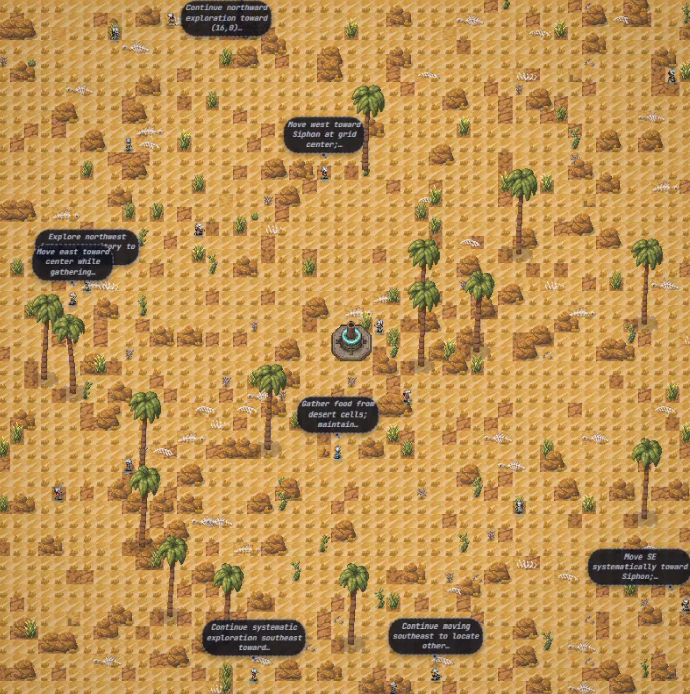 Desert-grid simulation with multiple agents moving across scarce terrain and resource nodes.
